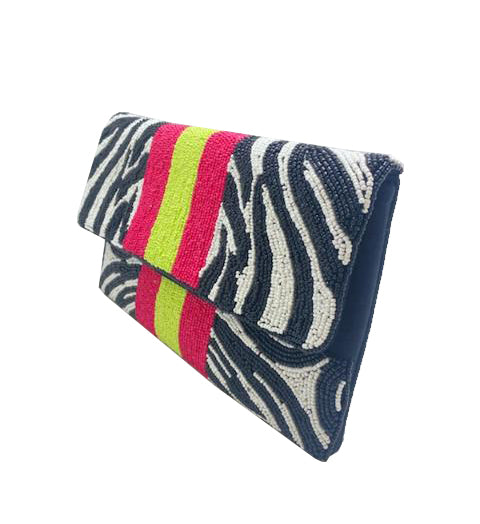 ZEBRA HOT PINK LIME GREEN BEADED CLUTCH - Kingfisher Road - Online Boutique