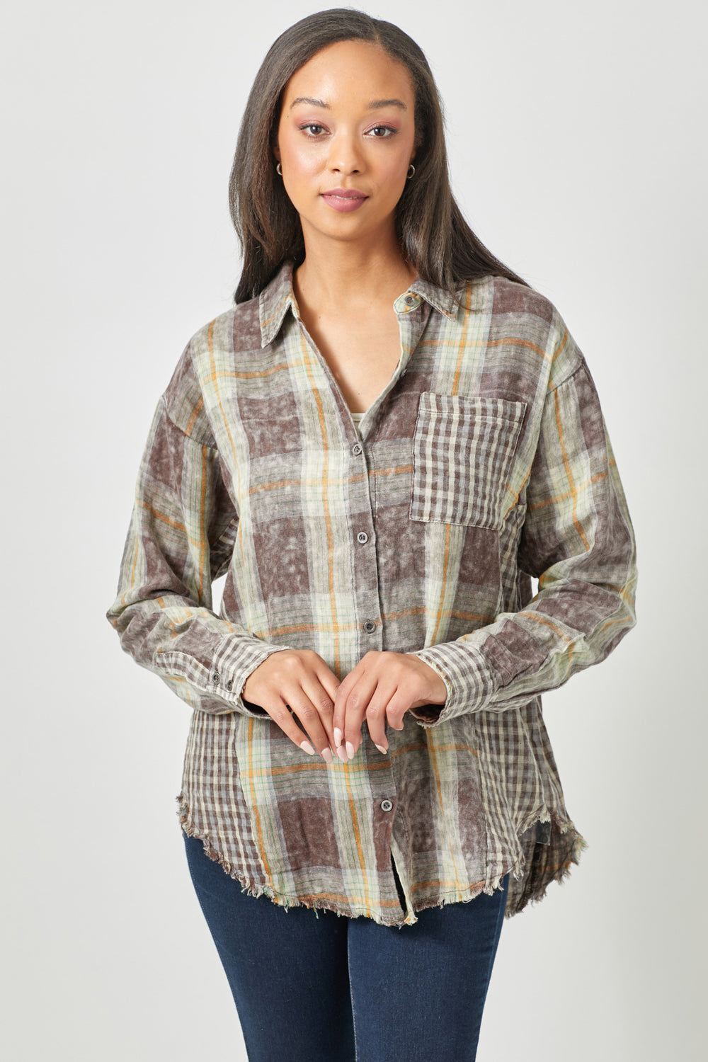 PLAID L/S BUTTON DOWN-CHOCOLATE - Kingfisher Road - Online Boutique