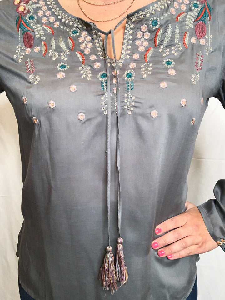 Long Sleeve Grey Embroidered Top - Kingfisher Road - Online Boutique