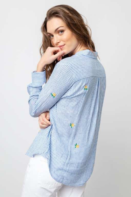 Charli Top - Blue Stripes With Flowers - Kingfisher Road - Online Boutique