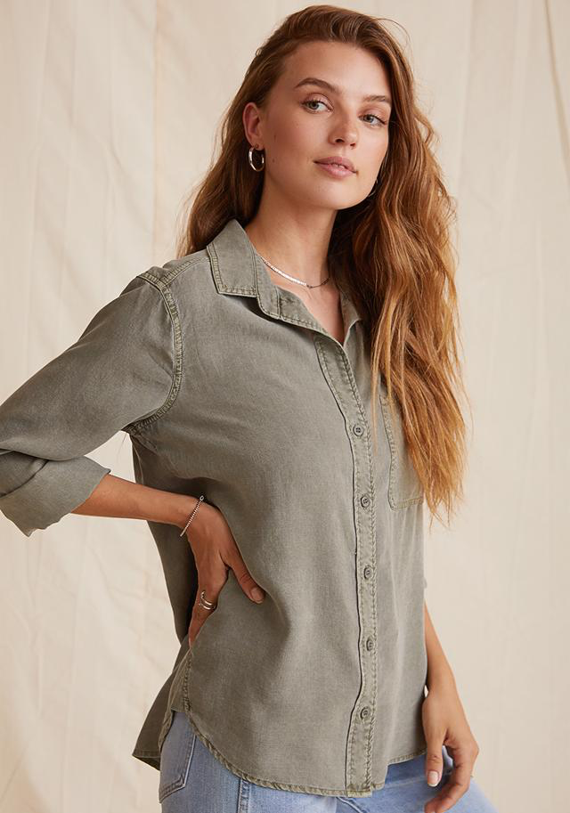 Shirt Tail Button Down - Olive - Kingfisher Road - Online Boutique