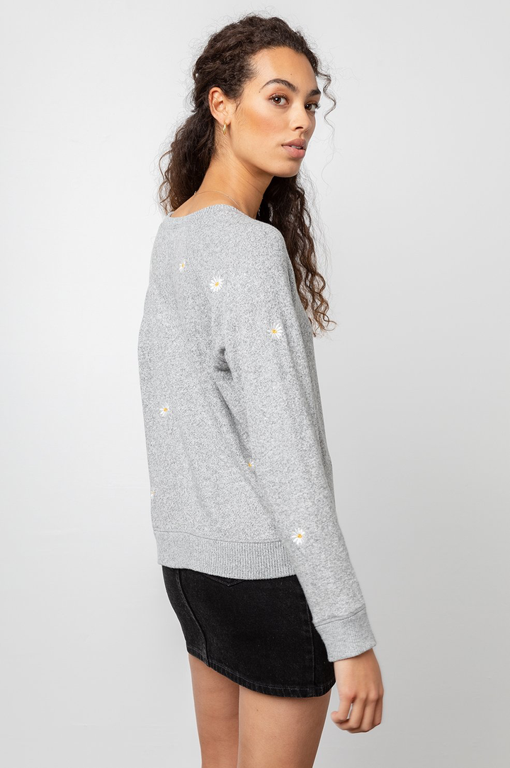 Theo Sweater - Melange Grey Daisy Embroidery - Kingfisher Road - Online Boutique