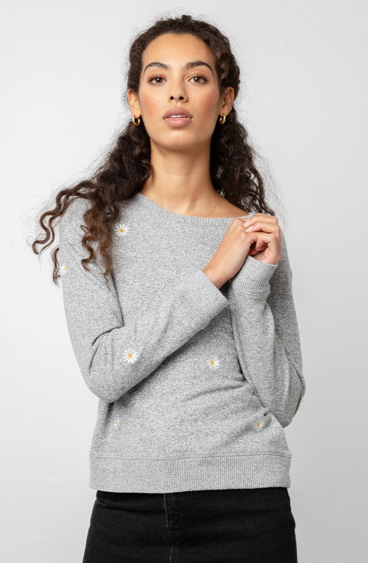 Theo Sweater - Melange Grey Daisy Embroidery - Kingfisher Road - Online Boutique