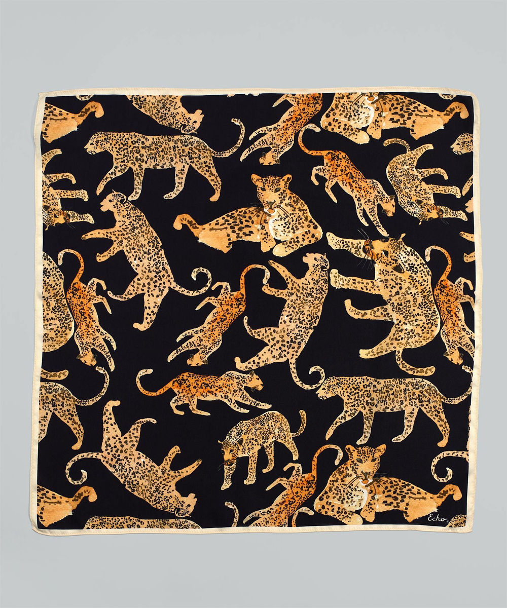Prowling Ocelot Silk Square - Black - Kingfisher Road - Online Boutique