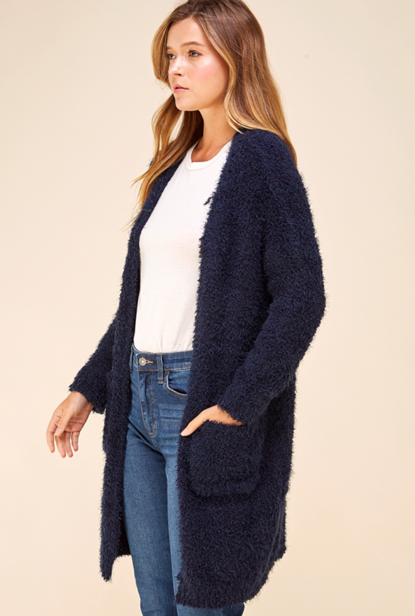 Fluffy Long Cardi With Pockets - Navy - Kingfisher Road - Online Boutique