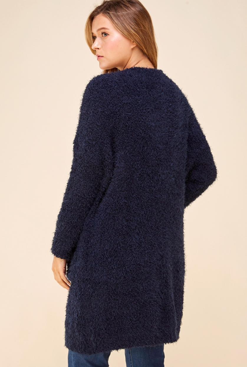 Fluffy Long Cardi With Pockets - Navy